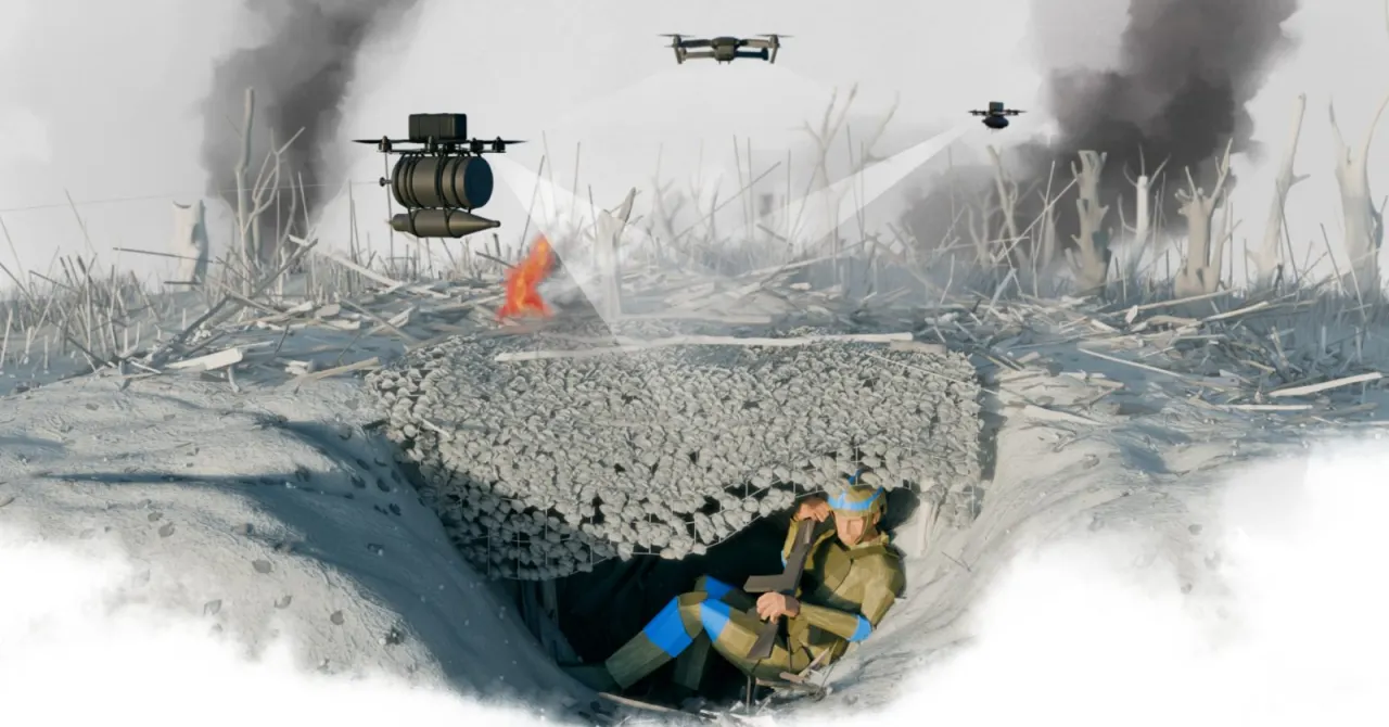 Illustration en volume, aux couleurs d&eacute;lav&eacute;es : un soldat repli&eacute; dans un trou creus&eacute; sous un filet de camouflage, tandis que trois drones survolent un champ d'arbres d&eacute;chiquet&eacute;s et de fum&eacute;es noires