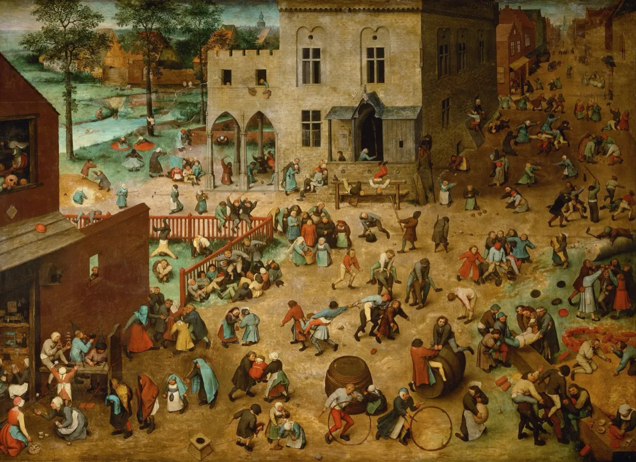 Une place de village peinte &agrave; vue plongeante, enti&egrave;rement occup&eacute;e par des enfants. Chacun est pris dans un jeu diff&eacute;rent : cerceau, toupie, &eacute;chasses, saute-mouton, colin-maillard, poup&eacute;es, pyramide humaine, tonneau qu'on roule. Aucun groupe n'est plus grand ni plus au centre que les autres, et aucun adulte ne surveille.