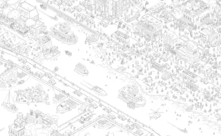 D&eacute;tail du plan de ville dessin&eacute; au trait noir sur blanc : un canal travers&eacute; de ponts, des p&eacute;niches, des files de voitures, une plage, et des centaines de personnages minuscules occup&eacute;s &agrave; leurs affaires