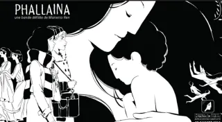 Dessin au trait noir et blanc, sans case ni bordure : des passantes marchent vers la gauche pendant qu'un immense visage endormi occupe le fond ; en haut, le titre &laquo; Phallaina &mdash; une bande d&eacute;fil&eacute;e de Marietta Ren &raquo;
