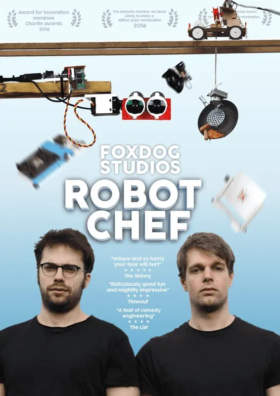 Affiche du spectacle : au-dessus des deux interpr&egrave;tes, une poutre de bois porte un assemblage de moteurs, de c&acirc;bles, d'un Raspberry Pi et d'ustensiles suspendus, sous le titre Foxdog Studios &mdash; Robot Chef