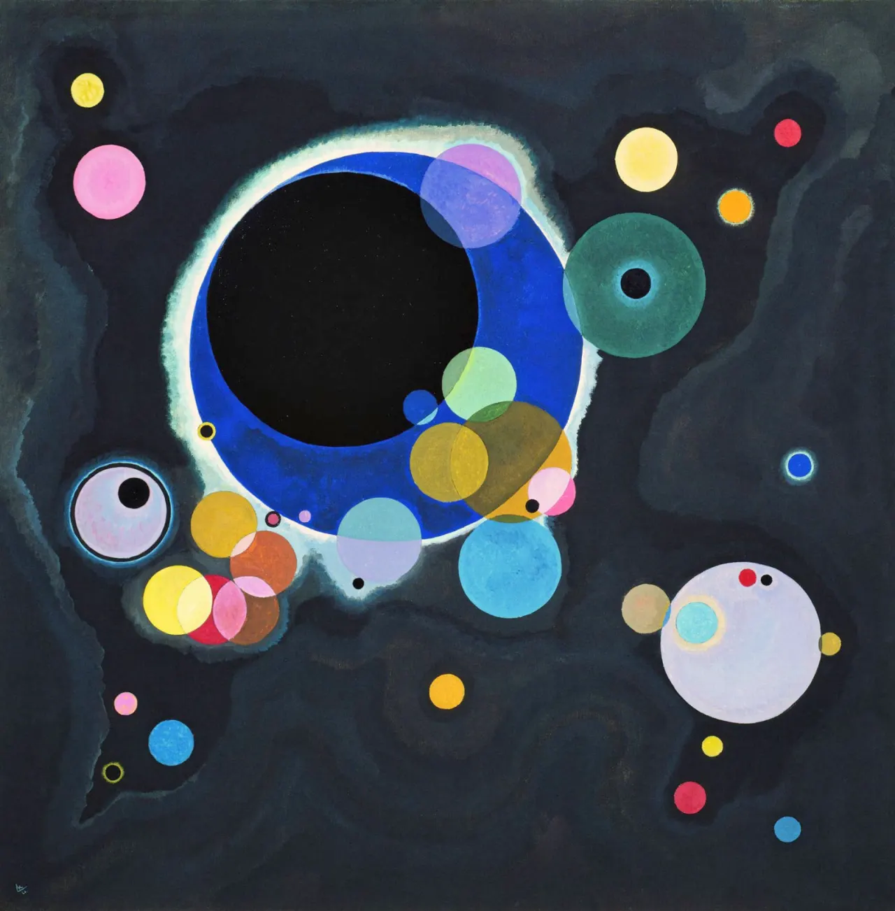 Peinture. Sur un fond bleu tr&egrave;s sombre et nuageux, une trentaine de cercles de tailles diff&eacute;rentes. Au centre gauche, le plus grand : un disque noir cern&eacute; d'un large anneau bleu, lui-m&ecirc;me entour&eacute; d'un halo blanc. Autour, des disques roses, jaunes, orange, rouges, verts, bleus et violets, dont beaucoup se chevauchent et laissent voir au travers une couleur nouvelle &agrave; l'endroit du croisement. &Agrave; droite, un disque vert &agrave; centre noir et un grand disque mauve p&acirc;le qui porte de petits cercles. En bas &agrave; gauche, le monogramme du peintre.
