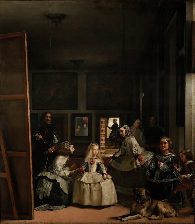 Une grande salle de palais dans la p&eacute;nombre. &Agrave; gauche, un peintre se tient devant une toile immense dont on ne voit que le dos, pinceau &agrave; la main, et regarde vers nous. Au centre, une petite infante en robe blanche &agrave; vertugadin, entour&eacute;e de deux suivantes pench&eacute;es vers elle. &Agrave; droite, une naine et un gar&ccedil;on qui pose le pied sur un grand chien couch&eacute;. Derri&egrave;re, une du&egrave;gne et un garde parlent dans l'ombre, et un homme s'arr&ecirc;te dans une porte ouverte sur un escalier &eacute;clair&eacute;. Au mur du fond, un petit miroir refl&egrave;te un homme et une femme : ils se tiennent hors du tableau, &agrave; la place de celui qui le regarde.