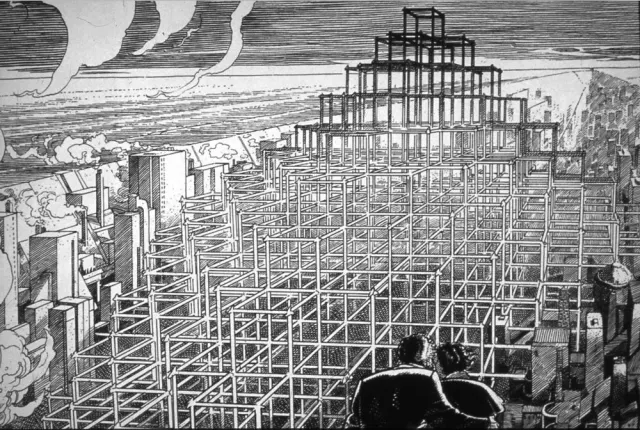 Un dessin &agrave; l'encre, en noir et blanc : une charpente de poutres orthogonales occupe toute la plaine et s'&eacute;l&egrave;ve au fond en une pyramide &agrave; degr&eacute;s. Elle traverse une ville dont il ne reste, sur les bords, que des immeubles renvers&eacute;s. Au premier plan, de dos, deux personnes accoud&eacute;es la regardent.